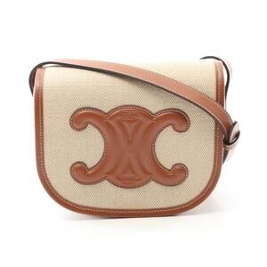 Celine Folco Cuir Triomphe Shoulder Bag Canvas Leather Beige Brown